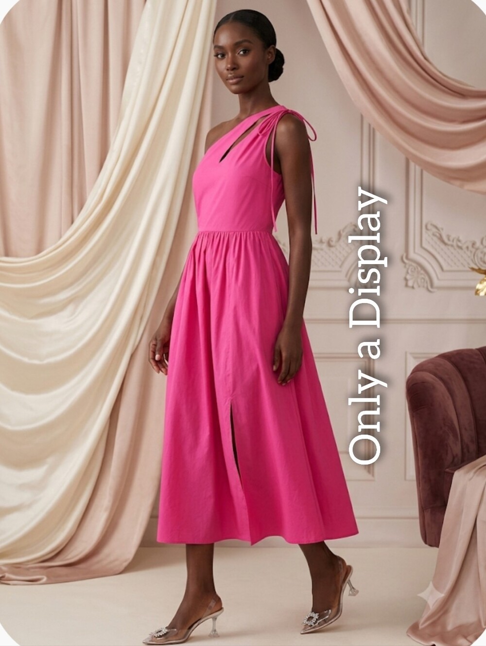 Closet London One-Shoulder Cut Out Fuchsia Midi Dress with Side Slit